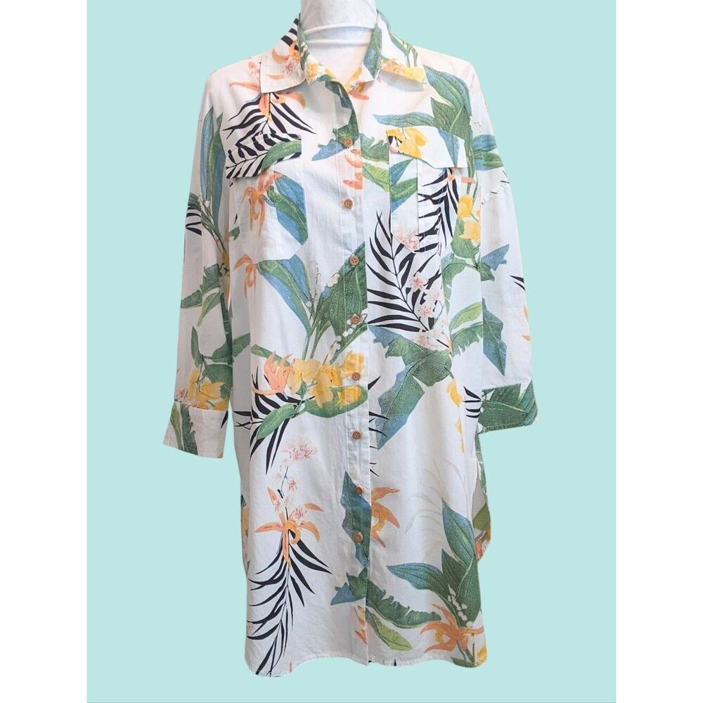 Shirt Dress Tropical Button Front Oversized Swim Cover Up Resort Beach L